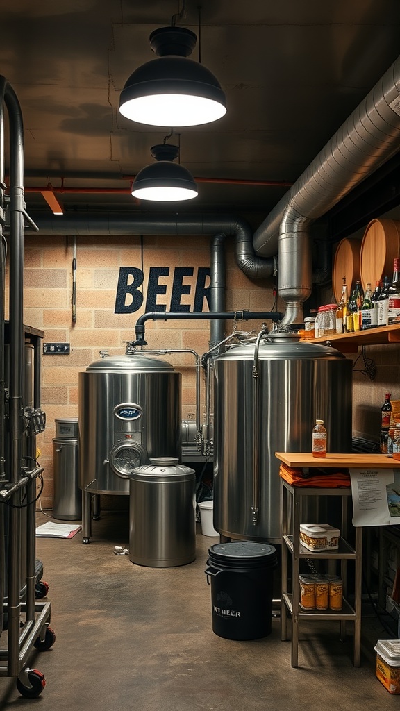 A brewing station in a basement with stainless steel equipment and a 'BEER' sign on the wall.