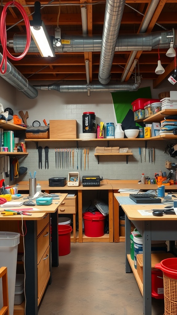 A crafting workshop with tools and organized supplies in a basement.