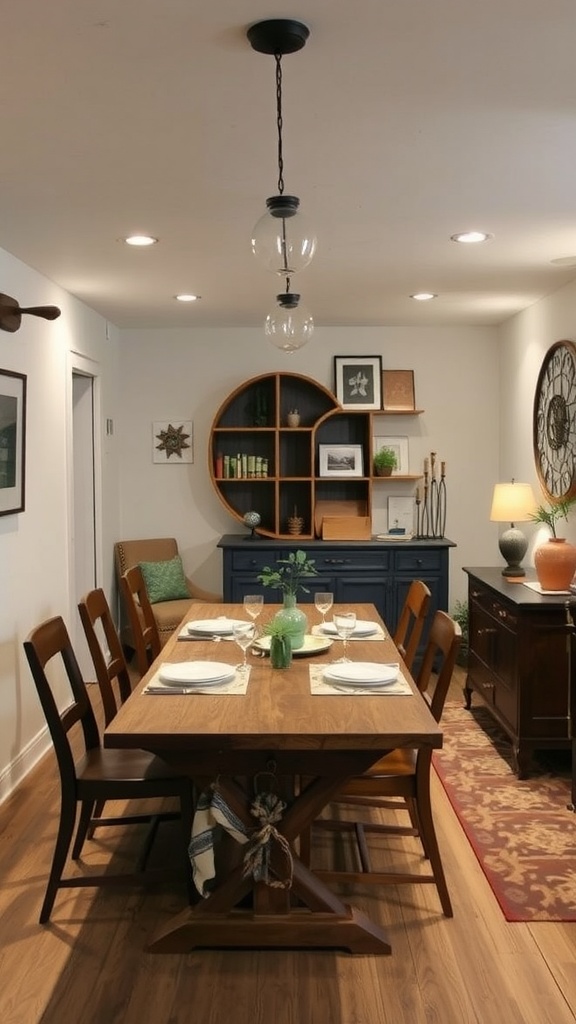 Cozy dining area with a wooden table, chairs, and warm lighting.