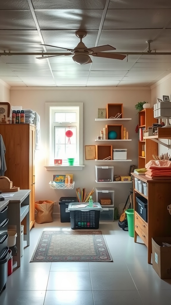 Cozy basement craft space with organized shelves, storage bins, and a workspace.