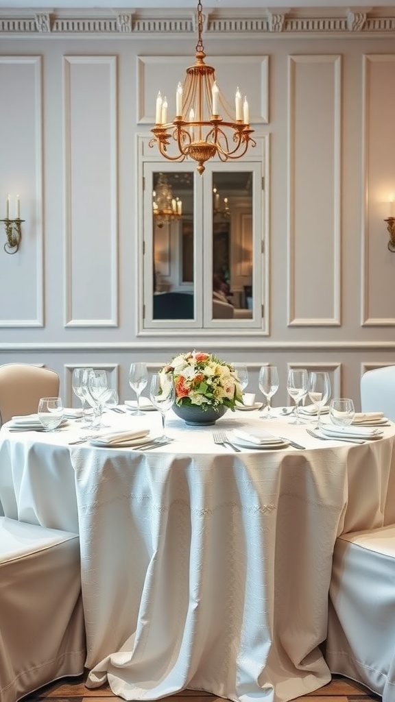 A formal dining table set with a white tablecloth, elegant glassware, and a floral centerpiece, under a chandelier.