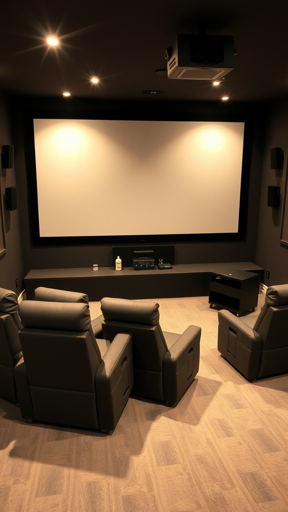 A cozy basement home theater setup with recliners and a large screen.