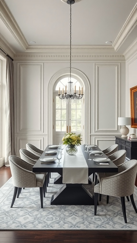 A formal dining room with a large black table, elegant chairs, and a warm chandelier.