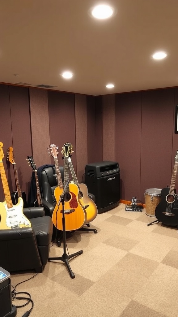 A cozy basement music zone with various instruments and a guitarist sitting on a chair.