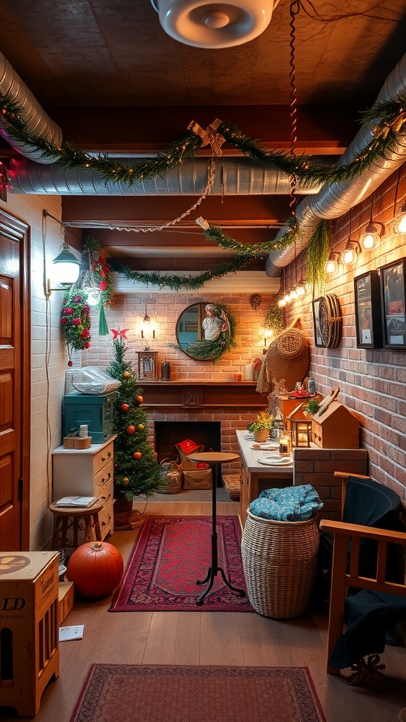 A cozy basement decorated for the holiday season with a small Christmas tree, garlands, and autumn pumpkins.