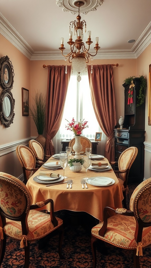 Elegant small dining room with a chandelier, ornate chairs, and floral centerpiece.