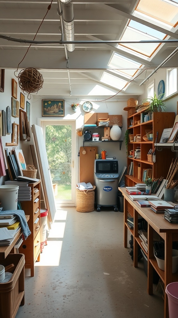 Bright and organized arts and crafts studio in a walkout basement with skylights and shelves of materials.