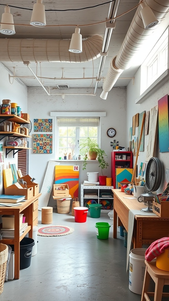 Bright and colorful arts and crafts studio filled with supplies and natural light
