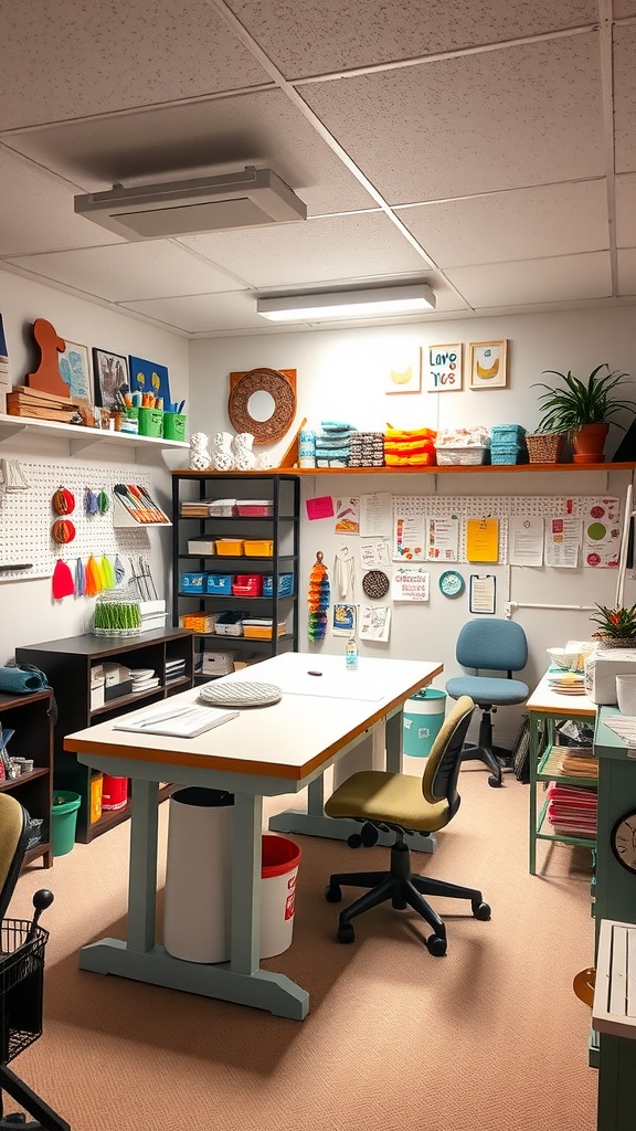A small basement craft room with organized shelves, a central table for crafting, and colorful supplies.