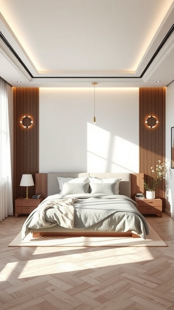 A modern bedroom with wooden slat wall behind the bed, featuring soft lighting and minimal decor.