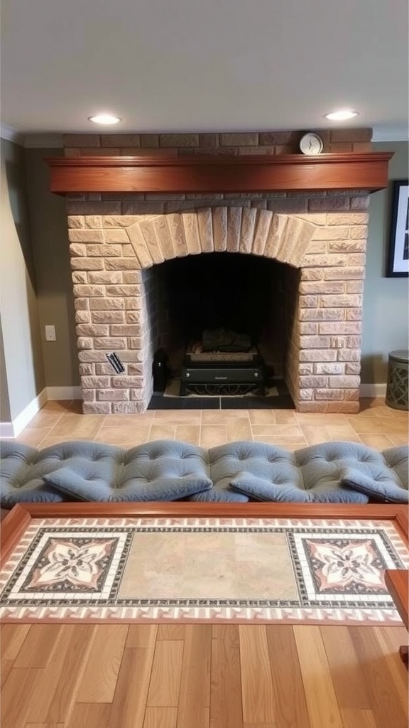 A cozy basement fireplace with a stone hearth and wooden mantel, featuring a comfortable seating area and decorative tile.