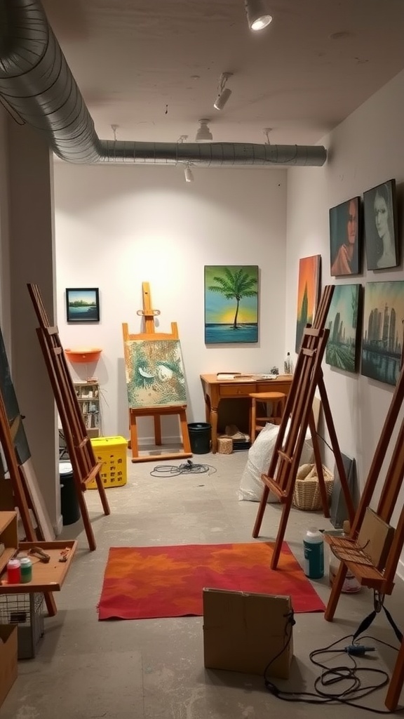 A creative home studio in a basement with easels, paintings on the walls, and a warm rug.