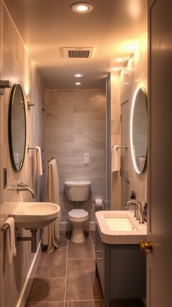 A well-lit basement bathroom featuring recessed lighting and illuminated circular mirrors.
