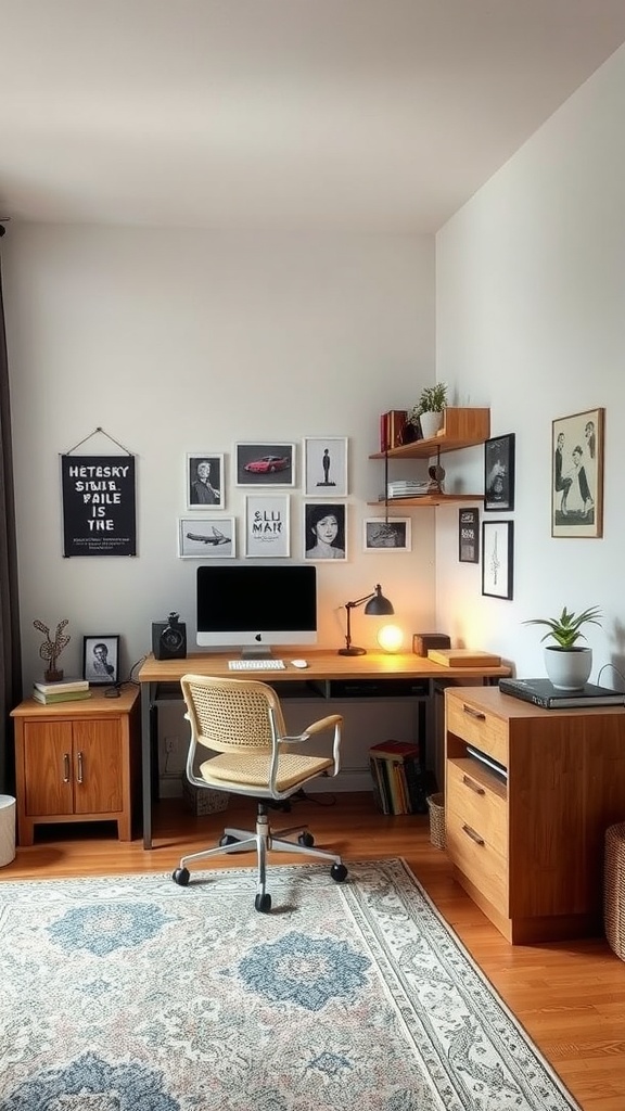 A modern bedroom showcasing a multi-purpose workspace with a desk, chair, and decorative wall art.