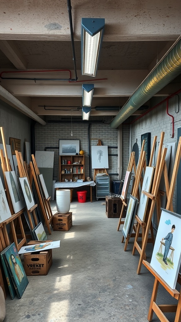 An industrial-style art studio with easels, artworks, and good lighting in a basement.