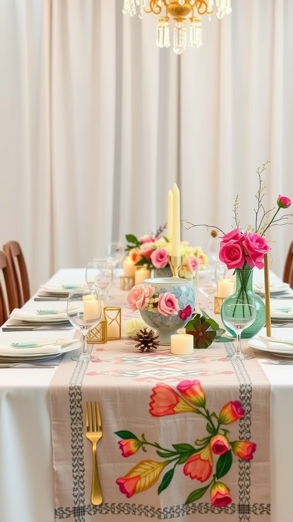 A dining table set with a floral table runner, candles, and vases filled with roses, creating a warm and inviting atmosphere.