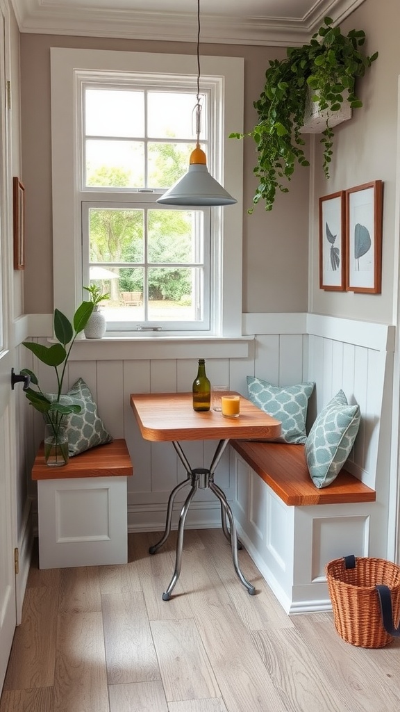 Cozy corner dining area with built-in seating, a wooden table, and hanging plants.