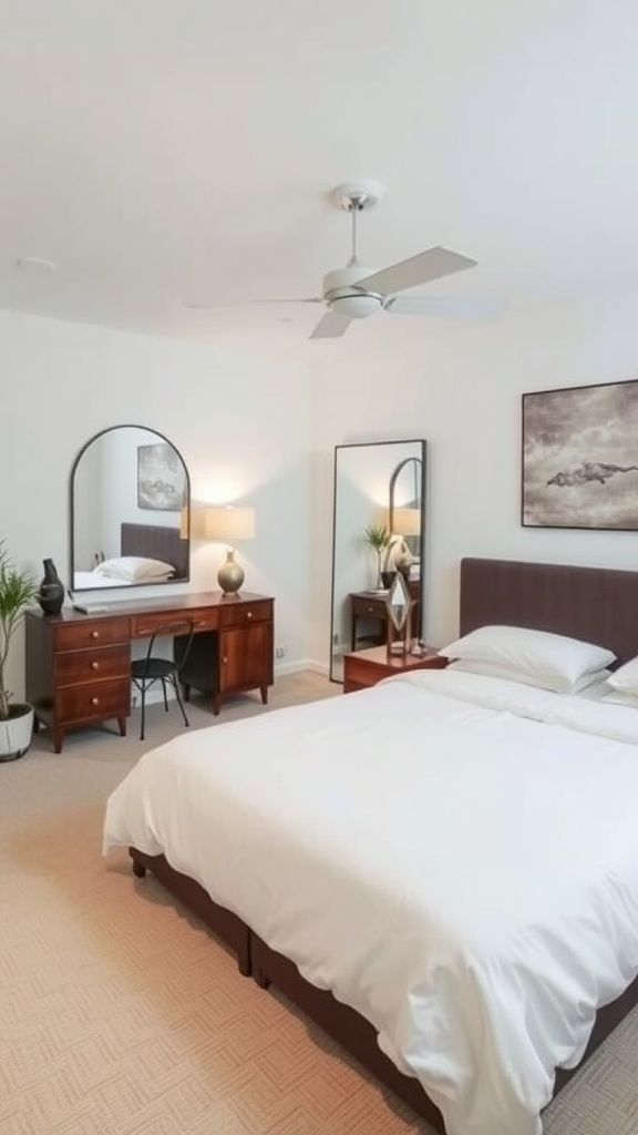 A cozy basement bedroom featuring a bed, a desk, and two mirrors reflecting light.