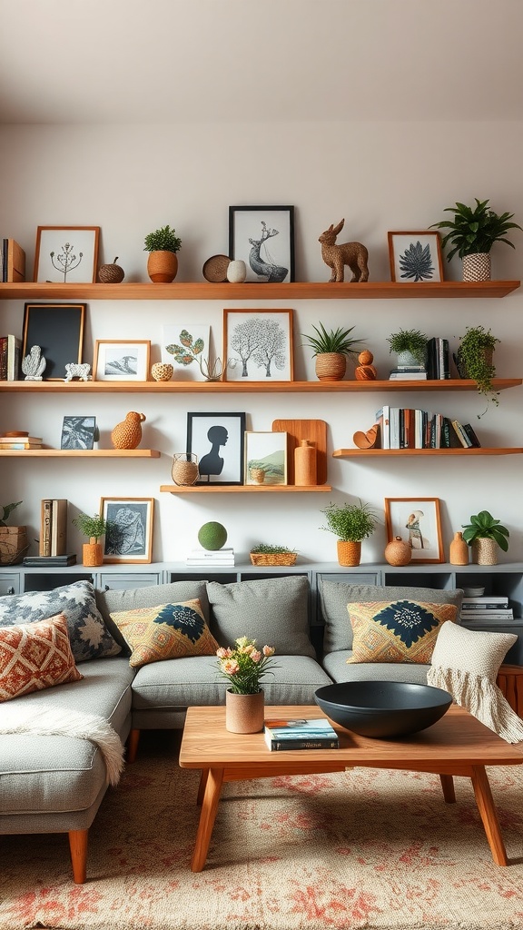 A modern Boho living room featuring creative shelving filled with plants, artwork, and books.