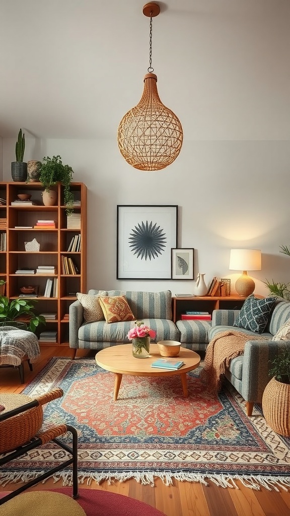 A cozy modern boho living room featuring a round coffee table, striped sofas, a woven pendant light, and a colorful rug.