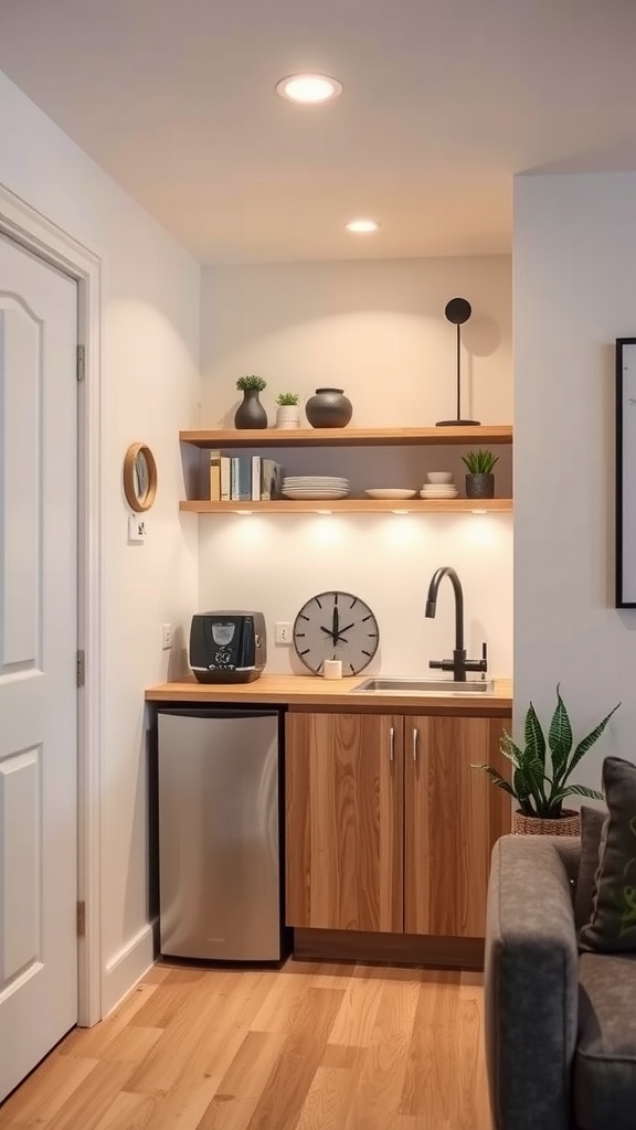 A compact basement kitchenette with wooden cabinetry, open shelves, and a small fridge.