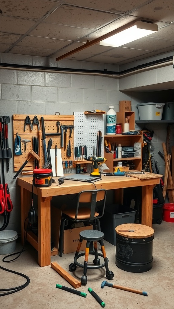 A wooden workbench in a basement with tools organized on a pegboard, featuring a stool and good lighting.