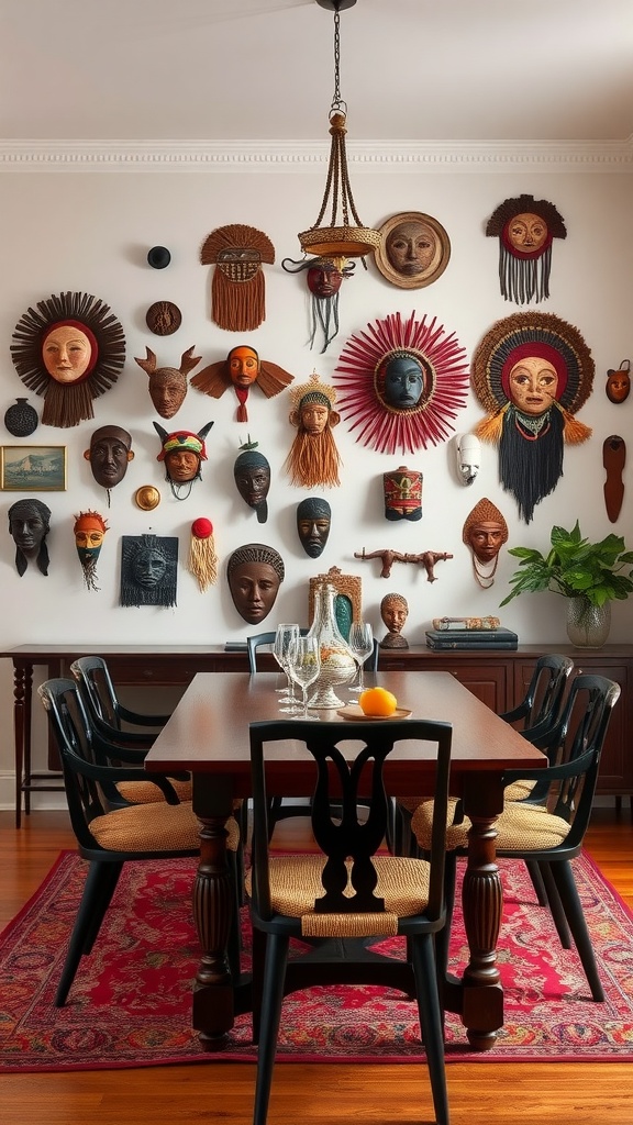 A dining room featuring a wall adorned with various cultural masks and artifacts, showcasing vibrant colors and diverse designs.