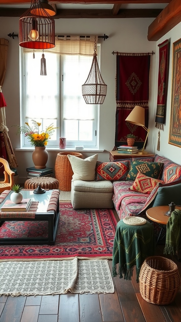 A cozy modern boho living room featuring cultural textiles on the sofa and walls, a vibrant area rug, and natural materials.