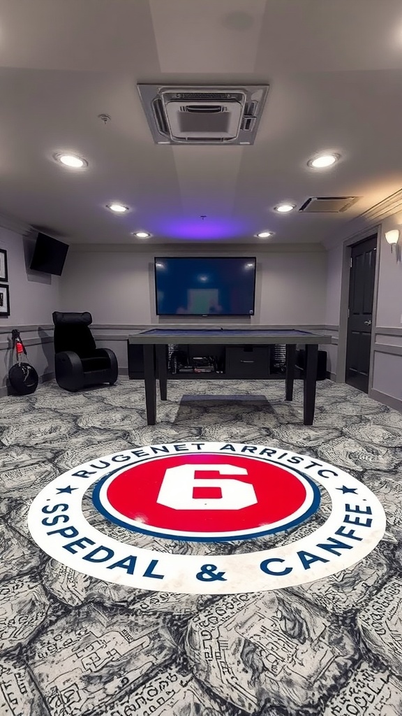 Custom logo design on an epoxy basement floor
