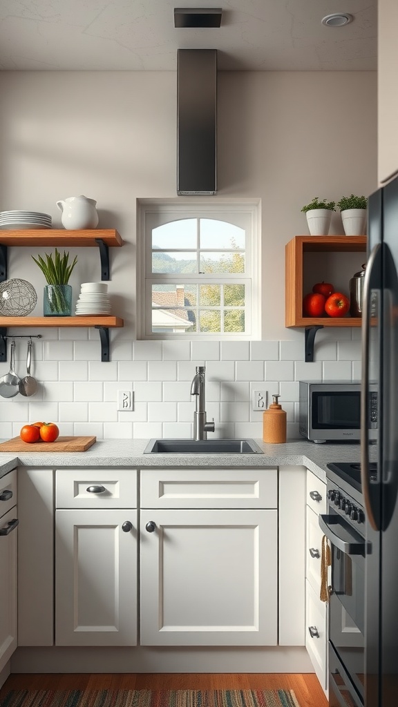 A modern kitchen with white cabinets, open wooden shelving, and a window showcasing a view.