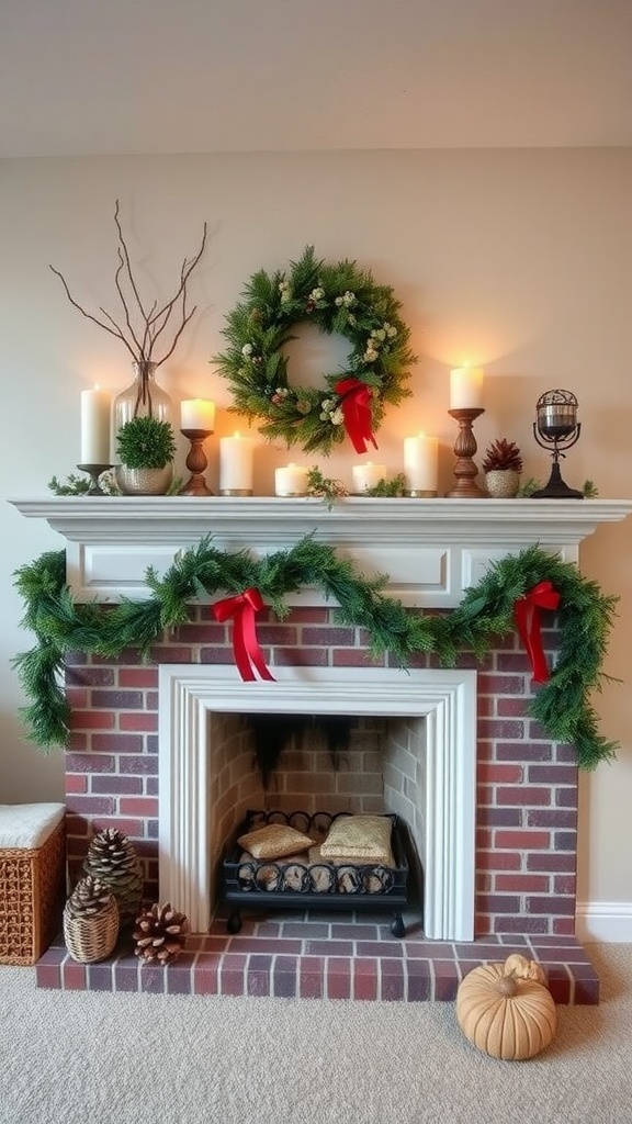 A beautifully decorated fireplace mantel with a green wreath, candles, and natural elements.