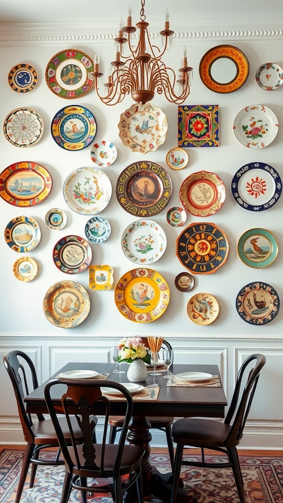 A decorative display of various colorful plates arranged on a dining room wall
