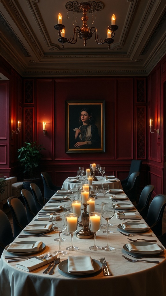 A dining room with deep burgundy walls, elegant chandelier, and a beautifully set table with candles and glassware.