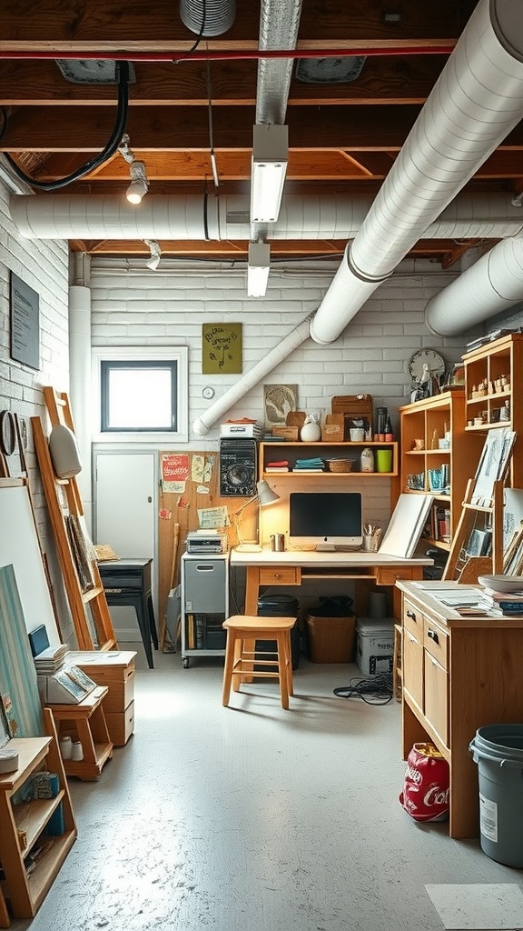 Cozy basement art studio featuring wooden shelves, a desk with a computer, and various art supplies.