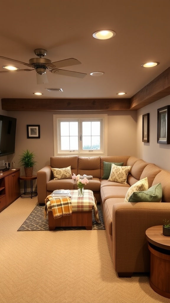 A cozy family room in a basement with a large sectional couch, soft lighting, and decor.