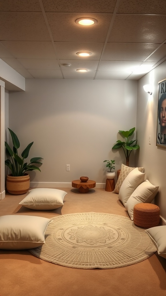 A cozy meditation space in a basement with pillows, a round rug, plants, and soft lighting.