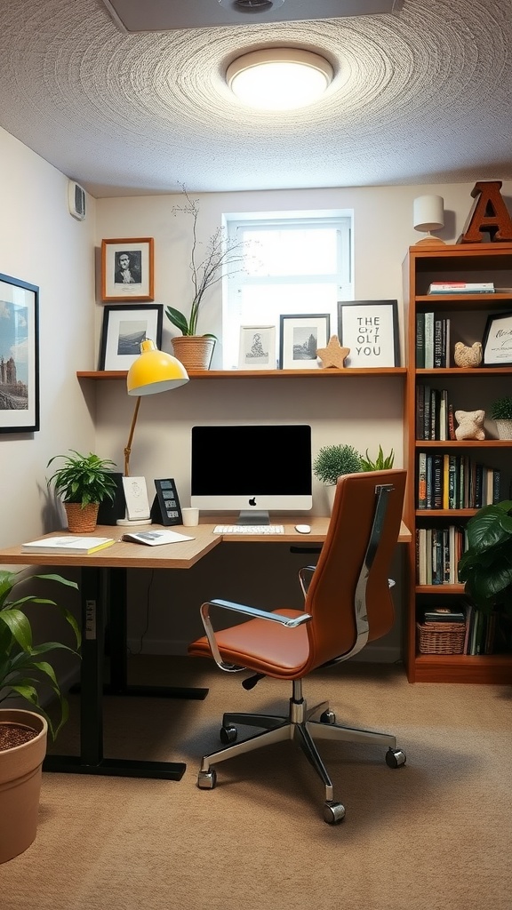 Cozy basement home office with a desk, chair, shelves, and plants