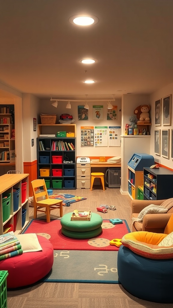 Cozy basement playroom for children with colorful furniture, storage, and a playful rug.