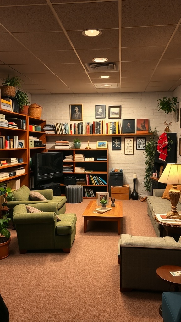 Cozy basement space designed for relaxation with seating, bookshelves, and plants.