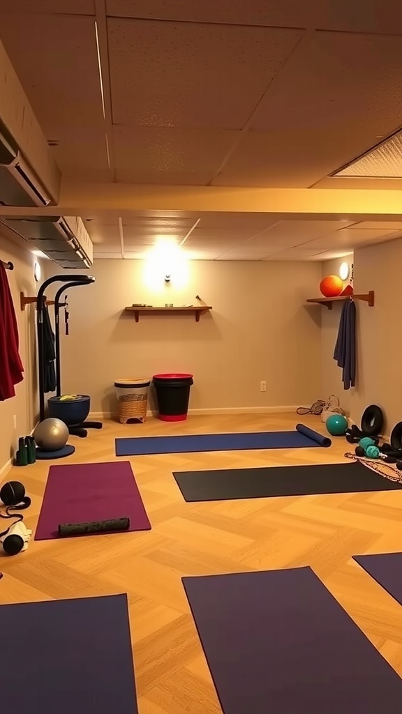 Cozy basement exercise area with yoga mats and workout equipment