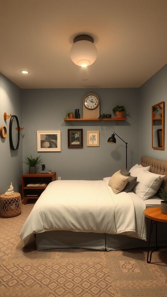 Cozy basement guest suite with soft lighting, a comfortable bed, and decorative elements.