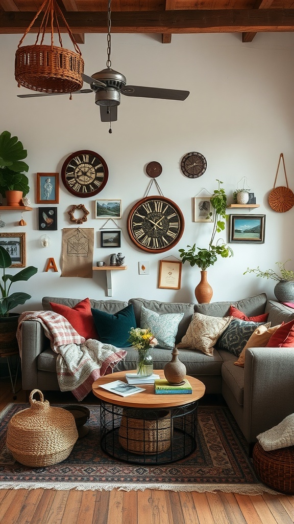 A cozy modern boho living room with various cushions, wall art, and natural elements.