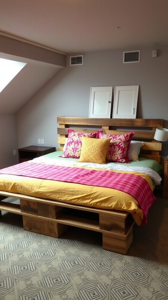A cozy basement bedroom featuring a DIY pallet bed frame with colorful bedding.