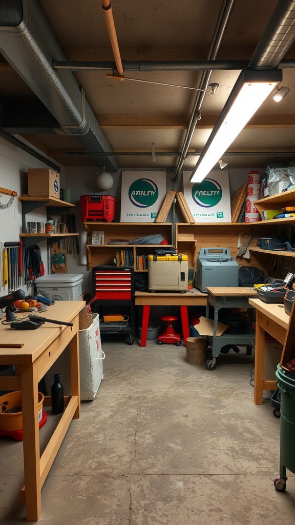 A well-organized DIY workshop area in a basement with tools, work tables, and storage.