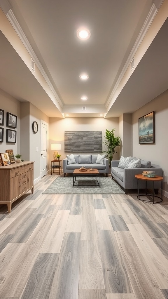 Cozy basement living area with durable vinyl plank flooring, modern furniture, and warm lighting.
