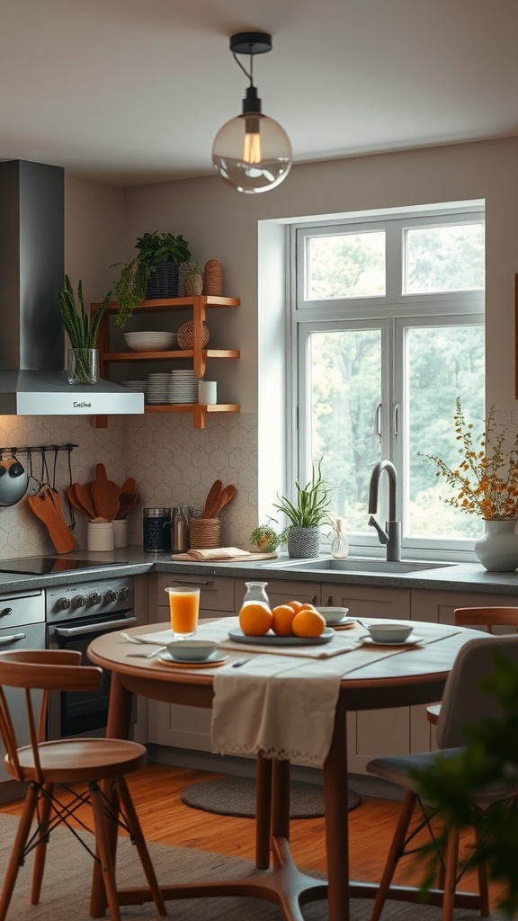 Cozy kitchen featuring earthy tones and neutral colors, with wooden elements and natural light.