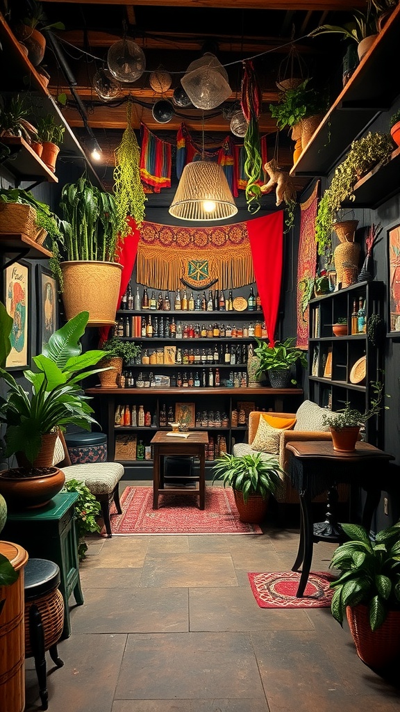 A cozy eclectic bohemian bar featuring plants, colorful decor, and shelves filled with bottles.