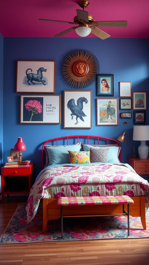 A vibrant bedroom featuring a pink ceiling and blue walls, adorned with eclectic art pieces and colorful bedding.