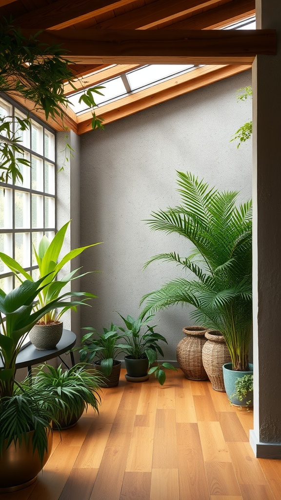 A bright basement area featuring bamboo flooring and various indoor plants.