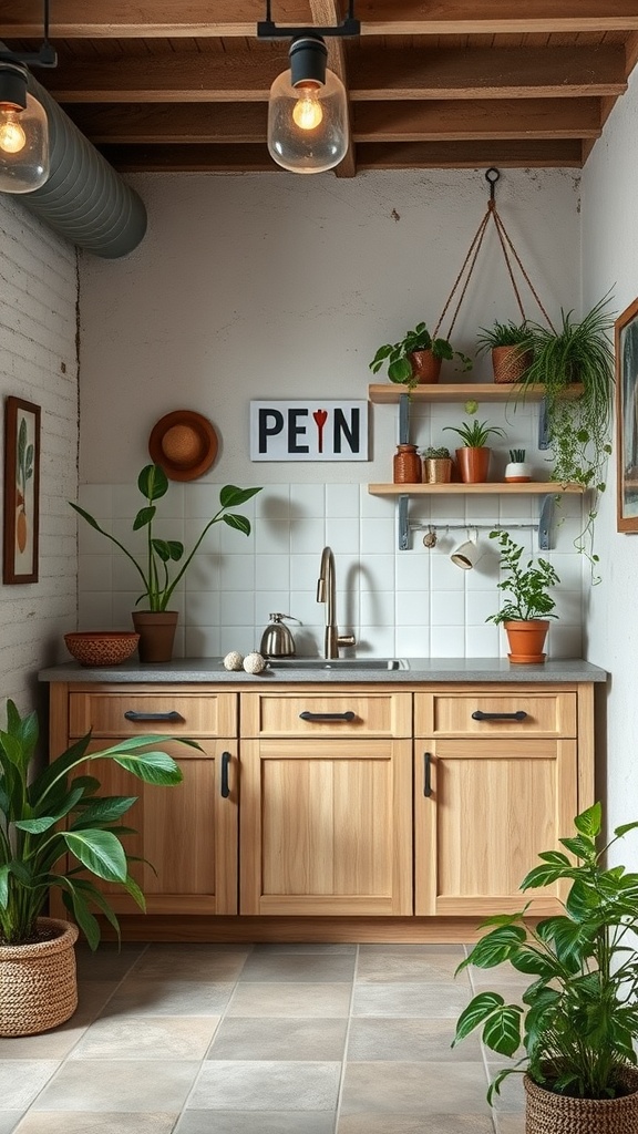 Eco-friendly basement kitchenette with wooden cabinets, plants, and energy-efficient lighting